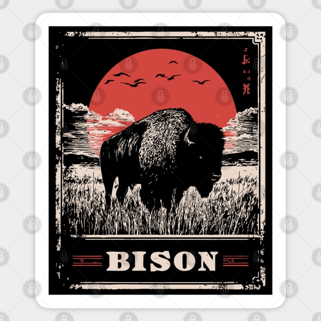 American Bison - Vintage Japanese-Style Wildlife Art Sticker by TuncGK